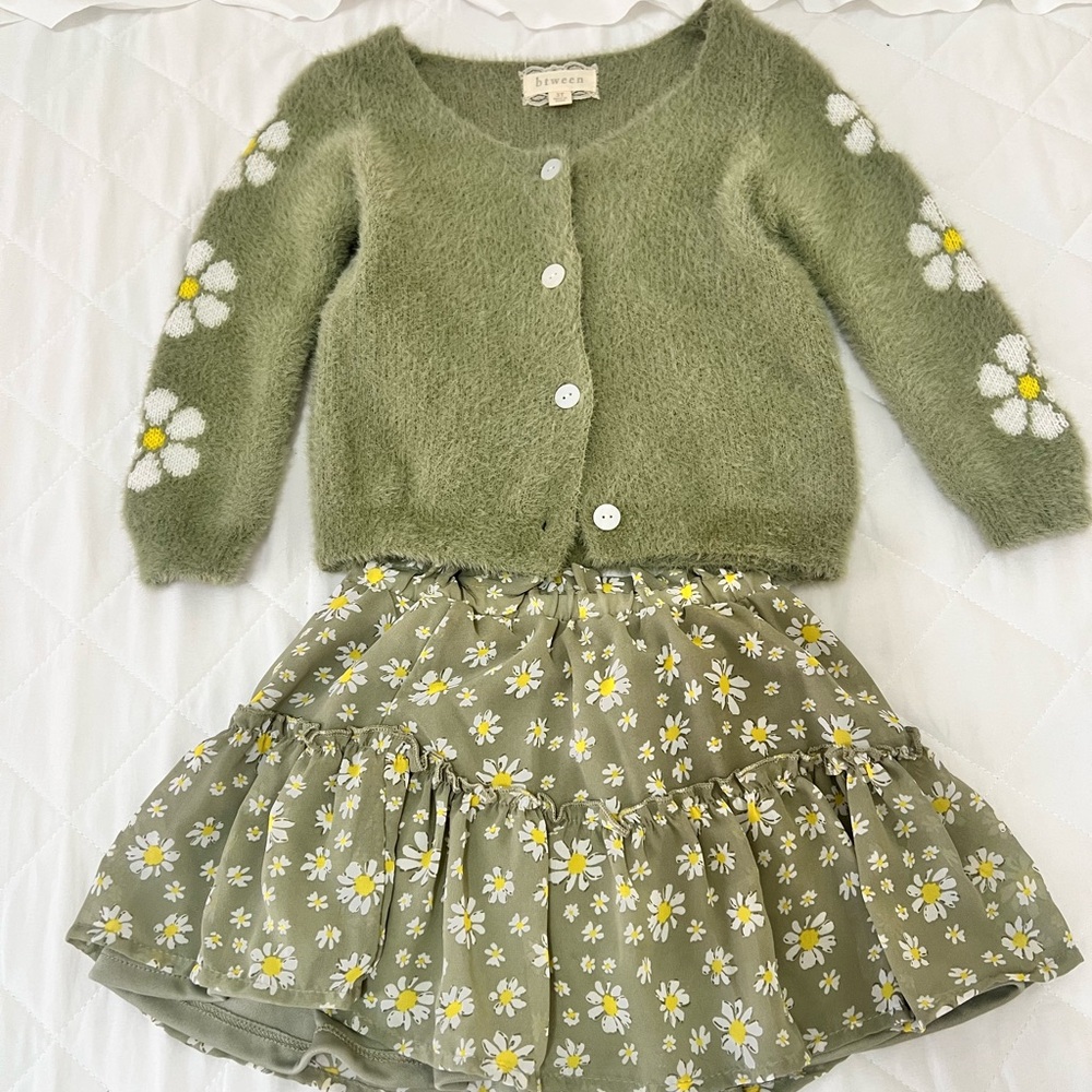 Green Floral Cardigan and Skirt Set
